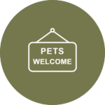 Pet friendly accommodation, restaurants and cafes icon, a hanging Pets Welcome sign